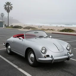abadoned silver porsche 356 roadster, roof up, red interior, at a car park next to a beach in california , morning, misty, unreal engine