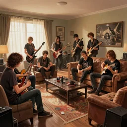 a living room of a rock band, realistic, extremely detailed, sharp focus, wide view, smooth, digital illustration, by james jean, by rossdraws, frank franzzeta, mcbess, sakimichan, brosmin, danton fadeev, steve simpson