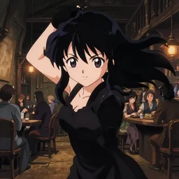 anime visual, portrait of a young female in a busy fantasy medieval tavern interior at night, face by yoh yoshinari, murata range, last exile, blue submarine no 6, dynamic pose, dynamic perspective, detailed silhouette, rich texture, seven deadly sins anime, flat, anime cels, matte color, flat lighting on face, rounded eyes