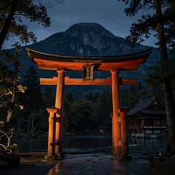 Japanese Torii in the center of the picture , torii in a moutain with trees ,night , by Grzegorz Rutkowski, concept art