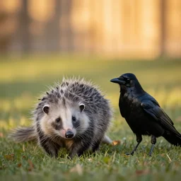 two - shot photograph of an virginia opossum and a crow sitting together in a backyard, golden hour, national geographic style, 5 0 mm