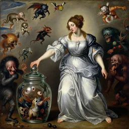 a painting of pandora opening her jar, releasing monsters and critters that impersonate sickness and death, misery, she is fully dressed, in the style of realism and a masterpiece by artemisia gentileschi and egon schiele, the face is painted by artemisia gentileschi, critters flying around, the jar is clearly visible