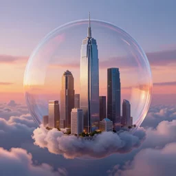 miniature skyscraper inside a bubble, floating on clouds, realistic 3 d render, unreal engine, solarpunk, maya, 8 k, vmax, award winning, trending on artstation, smooth, sharp focus, octane, twilight sunset background