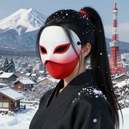 highly detailed closeupportrait of long ponytail black hair ninja mask female, stray snowflakes wiring by atey ghailan, by james gilleard, by joe fenton, by greg rutkowski, by meybis ruiz cruz, by greg tocchini, 4 k resolution, gradient black, red and white color scheme!!! ( ( snowy fuji mountain village and tokyo tower background ) )