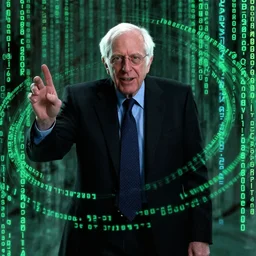 Bernie Sanders as Neo in the Matrix, in screenshot from the Matrix movie, with matrix code swirling all around