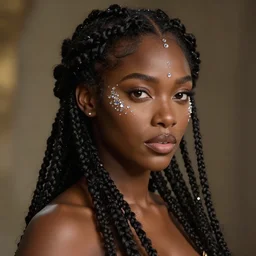 Intricate 3/4 view portrait of a gorgeous dark skinned goddess with decorated braided hair and crystals on her cheeks and forehead, realistic character concept, by wlop and Ross Tran and sam yang and mandy jurgens and viktoria gavrilenko, identical eyes, gazing eyes, stunning, gorgeous, beautiful eyes medium shot, elegant pose, fantasy, featured on artstation, cinematic lighting, hyperdetailed, cgsociety, 8k, golden ratio, vfx, postprocessing, alluring