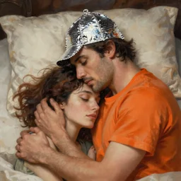 portrait of a man in tin - foil hat and orange t - shirt hugging his wife in a bed, feelings, romantic, fantasy, intricate, elegant, highly detailed, digital painting, artstation, concept art, smooth, sharp focus, illustration, art by artgerm and greg rutkowski and alphonse mucha