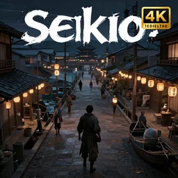 style : sekiro. composition : long shot. key words : digital art ; detailed ; 4 k. scenery : a japanese harbor. subject : fishermen are wandering around. details : at night ; lanterns in the streets.