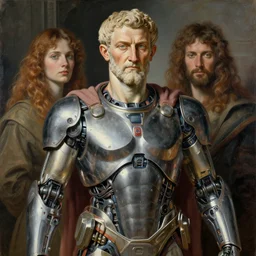 portrait of caesar augustus wearing cybernetic power armor. intricate painting by ross tran, magali villeneuve, and jeremy mann.