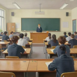 view of a highschool classroom from the teachers desk perspective, detailed realistic oil painting art by michael whelan