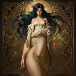 seductive looking bulma!!! dragon ball, windy hair!, surreal dark fantasy, cinematic volumetric lights, full body portrait, dnd, intricate, elegant, highly detailed, digital painting, artstation, concept art, smooth, sharp focus, illustration, art by artgerm and tom bagshaw and greg rutkowski and alphonse mucha
