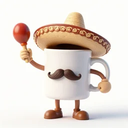 coffee mug with arms and legs, mustache, wearing a sombrero, shaking maraca's, unrealistic
