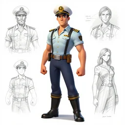 ship captain character design, character sheet, Moebius, Greg Rutkowski, Zabrocki, Karlkka, Jayison Devadas, Phuoc Quan, trending on Artstation, 8K, ultra wide angle, zenith view, pincushion lens effect