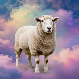 portrait of a sheep on a colorful nebulous cloud backdrop