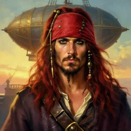 portrait painting of a handsome face rugged long hair crimson hair male pirate, top half portrait soft hair steampunk ornate zeppelin blimp airship in the background sky sunset golden hour fantasy soft hair deviantart book cover art dramatic volumetric lighting art by stephan martiniere wlop greg rutkowski gaston bussiere