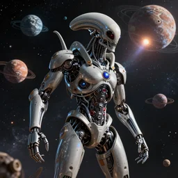 mechanical alien god attacking planets in space, art by mark cooper, 8 k, hyper detailed, hdr, intricate, masterpiece