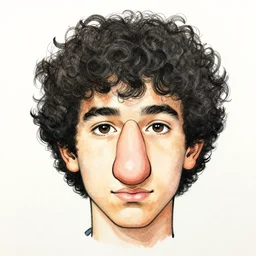 face portrait of a teenager with a big nose and curly black hair, hand drawn illustration, ink and marker, by andrea pazienza
