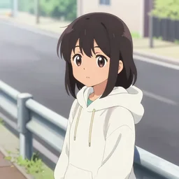 anime visual, portrait of a young black haired girl wearing hoodie sightseeing above the urban street in bright day guardrail, cute face by yoh yoshinari, katsura masakazu, dramatic lighting, dynamic pose, dynamic perspective, strong silhouette, ilya kuvshinov, anime cels, rounded eyes, moody