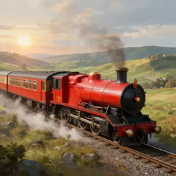 landscape flying scotsman red train over rolling hills and sunrise, deep focus, d & d, fantasy, intricate, elegant, highly detailed, digital painting, artstation, concept art, matte, sharp focus, illustration, hearthstone, art by artgerm and alphonse mucha