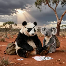 a panda with an eyepatch and a koala with a rucksack hanging out int he australian outback with a VB and a playing poker in the style of Sidney Nolan