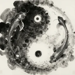 whimsical yin Yang sea creatures, ink and wash
