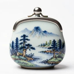 porcelain coin purse, high detail macro photography, isolated on a pure white background, centered, entire object in frame, sharp focus, soft studio lighting