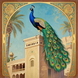 a painting of a peacock on top of a building, egyptian art by Brian Despain, polycount contest winner, art nouveau, ornate, egyptian art, steampunk