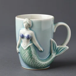 an amazing ceramic realistic arial mermaid sculpture mug, creative, beautiful, award winning design, functional, colorful