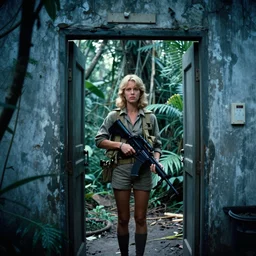 film still, extreme far view, elaine benes jungle, vietnam door gunner, apocalypse now, associated press, 2 6 mm, kodak ektachrome, blue tint expired film