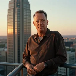 a portrait of tom hanks taken on the balconey of a tall building at sunset, photoreal, 4 k, photograph