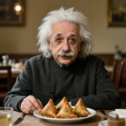 a portrait of albert einstein sitting at the dining table with a plate containing samosas in front of him, highly detailed, trending on artstation, bokeh, 9 0 mm, f / 1. 4