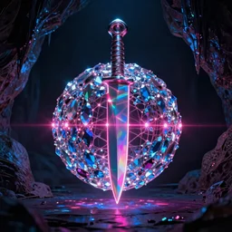 a sphere of holographic knives made with pink lasers and blue crystals, cinematic shot of a goth disco in a cave, 8k photograph