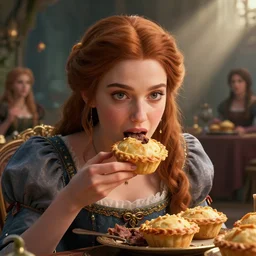 highly detailed closeup portrait of a fairytale medieval princess eating meat pies, unreal engine, greg rutkowski, nicoletta ceccoli, mark ryden, earl norem, lostfish, global illumination, god rays, detailed and intricate environment