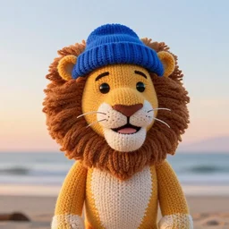 a photorealistic picture of a knitted smiling Mufasa lion at the beach during sunset dressed in a blue beanie cap and sunglasses Trending on Artstation, featured on Behance, well-rendered, intricate, highly detailed, very crispy, Unreal Engine, 4K HD