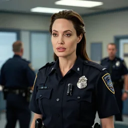 ( ( ( ( pov ) ) ) ) angelina jolie wearing a police uniform!!!!!, backround : police station interior!!!!! by charlotte grimm, studio light, detailed face, canon eos c 3 0 0, ƒ 1. 8, 3 5 mm, 8 k, medium - format print, half body shot