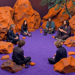 a solarpunk zen garden by simon stalenhag and hubert robert and ivan shishkin and zacharias aagaard and gillis rombouts, hyperrealism, purple sand, orange rocks, chiaroscuro!!, tonalism!, high saturation, high contrast, vibrant, highly intricate details