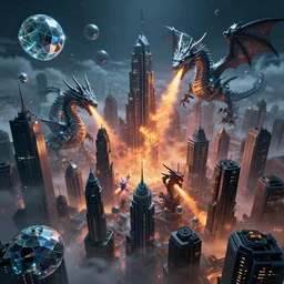 mega detail, gigantic city, random metaballs, diamond glass, dragons breathing fire, night fog, clouds, the matrix, in a battle, video game