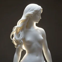 sculpture of a woman with long hairs, white barble, back light