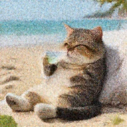 photo of an anthropomorphic cat chilling out on the beach and sipping a martini