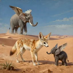 a detailed painting, of a fennec in the dessert hunting, there is also a really small elephant with wings, by dali