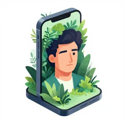 editorial illustration, portrait of an isometric iphone with lush foliage overgrowth, modern art, ( ( giuseppe riccobaldi ) ), christopher balaskas, mads berg, detailed, composition perspective, halftone shaded, matte print, rich grainy texture, grainy gradients