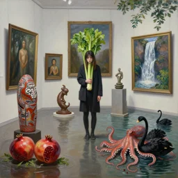 painting of a flooded art gallery with paintings on the walls and sculpture, a tall emo girl holding celery, aboriginal art sculpture, pomegranates, octopus, waterfall, zen, black swans, berries, surrealist, by magritte and monet