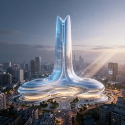 futuristic city hall overlooking city skyline, by ricardo bofill, luminescent concept art, unreal engine 5, artstation highly detailed, digital art, 8 k hdr, soft lighting, hyperrealistic, godrays