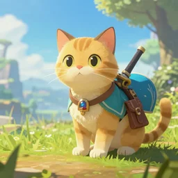 in game footage of a cat from the legend of zelda breath of the wild, breath of the wild art style.