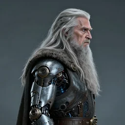 gandalf with cybernetic enhancements, androidscifi character portrait by 1 / 4 headshot, cinematic lighting, dystopian scifi gear, gloomy, profile picture, mechanical, half robot, implants, steampunk