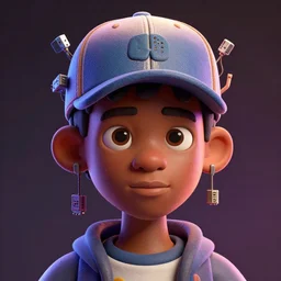 colourful vfx - caricature style - portrait - art of an african boy wearing a baseball cap with wires and computer chips dangling from inside, character concept art, art style by hsiao - ron cheng, volumetric light, dramatic lighting, ray tracing, digital illustration, claymation style, unreal engine render, sharp, intricate detail, behance, artstation, pinterest,