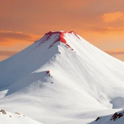 a giant white mountain with a red peak, the sky is orange with orange clouds