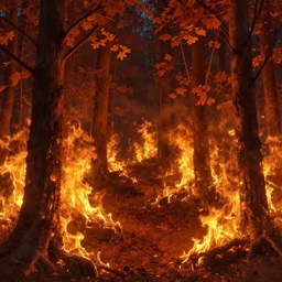 A flaming forest , flaming leaves,fire ,Magma, artstation,by  Jakub Rozalski