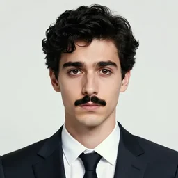 a portrait of a young french man in a suit, with short black wavy hair, big brown eyes, long lashes and black mustache, sad eyes, artstation, ilya kuvshinov and geoffrooy thoorens and ayami kojima