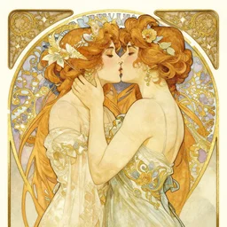 the kiss | highly detailed | very intricate | art nouveau | gold filigree | romantic storybook fantasy | soft cinematic lighting | award - winning | watercolor painting by mandy jurgens and alphonse mucha and alena aenami | pastel color palette | featured on artstation